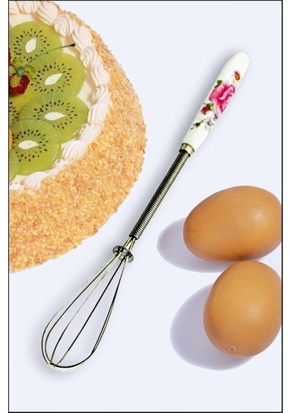 Mini porselen saplı çelik kahve ve süt çırpıcı, 20 cm, desenli, kullanışlı ve şık.