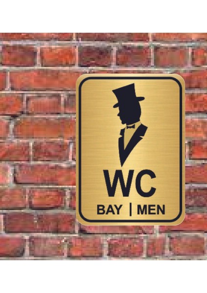 Şapkalı Bay Men Wc Yazılı Metal Yönlendirme Levhası 15 x 12 cm Altın