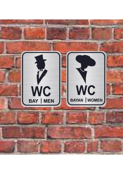 Şapkalı Women Men Bay Set Wc Yazılı Metal Yönlendirme Levhası 15 x 10 cm