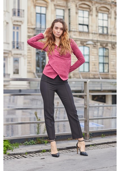 Kadın Kruvaze Uzun Kol Hafif Esnek Triko Kazak Bluz-Vişne