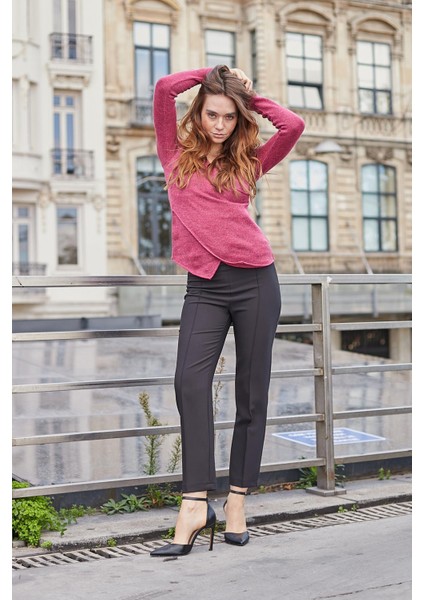 Kadın Kruvaze Uzun Kol Hafif Esnek Triko Kazak Bluz-Vişne fiyatları