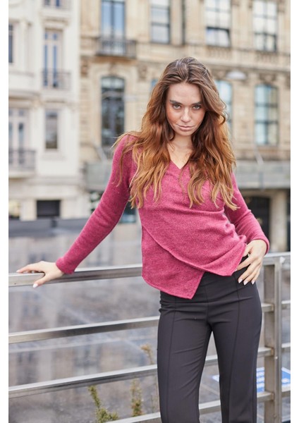 Kadın Kruvaze Uzun Kol Hafif Esnek Triko Kazak Bluz-Vişne fırsatları