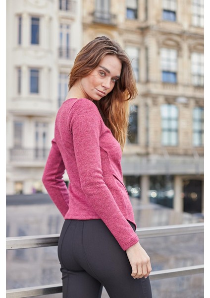 Kadın Kruvaze Uzun Kol Hafif Esnek Triko Kazak Bluz-Vişne indirimleri