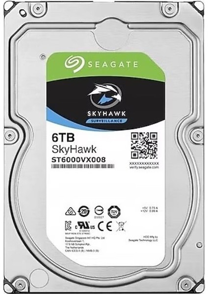 6 Tb Seagate Skyhawk 3.5" 256MB 5900RPM Sata3 (ST6000VX008) 7/24 Güvenlik Disk
