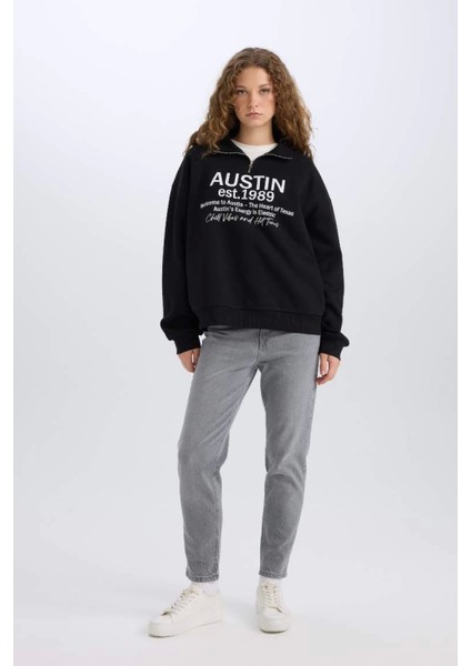 Oversize Geniş Kalıp Yarım Fermuarlı Sırt Baskılı Sweatshirt E1525AX24WN