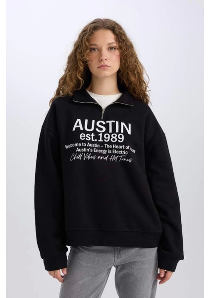 Oversize Geniş Kalıp Yarım Fermuarlı Sırt Baskılı Sweatshirt E1525AX24WN