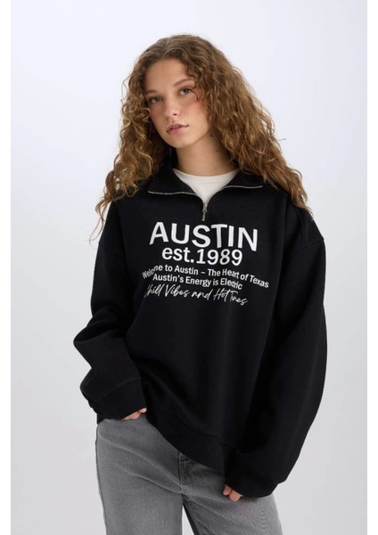 Oversize Geniş Kalıp Yarım Fermuarlı Sırt Baskılı Sweatshirt E1525AX24WN