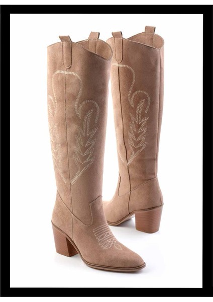 Kadın Çizme Vizon Süet Suni Deri Şık Tasarım