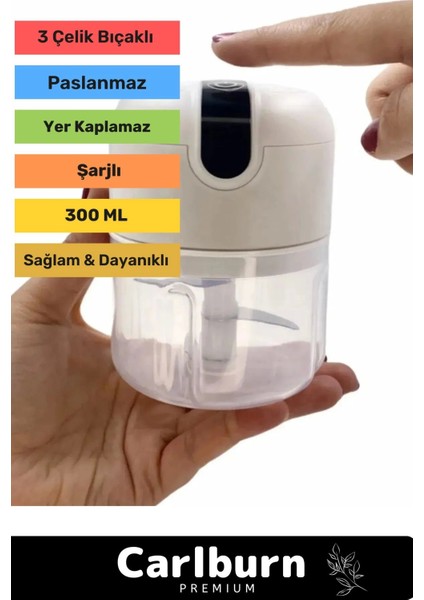 Premium Paslanmaz 3 Bıçaklı Kolay Hızlı Sebze Meyve Sarımsak Pratik Sarjlı Ae1 Mini El Rondosu 250 ml