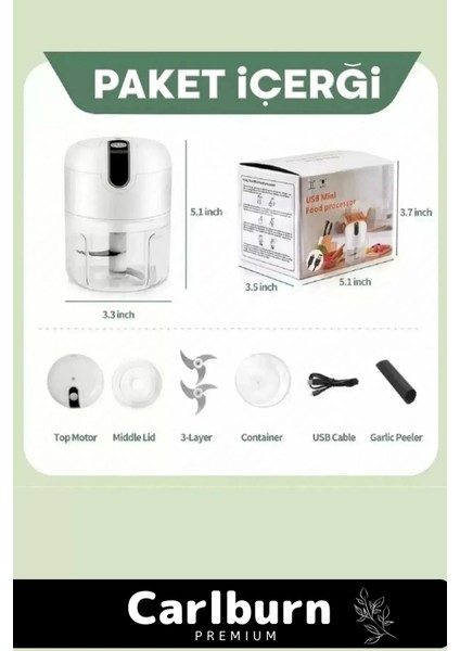 Premium Paslanmaz 3 Bıçaklı Kolay Hızlı Sebze Meyve Sarımsak Pratik Sarjlı Ae1 Mini El Rondosu 250 ml