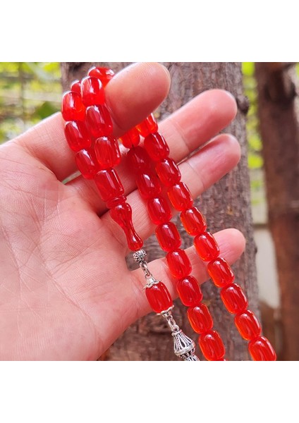 8X11 mm Gümüş Püsküllü Yemen Zar Kehribar Tesbih - Serkan Başkan Usta Işçilikli