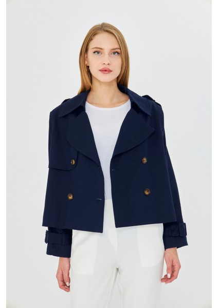 %100 Pamuk Gabardin Astarlı Oversize Geniş Kalıp Kadın Crop Kısa Trençkot 1122