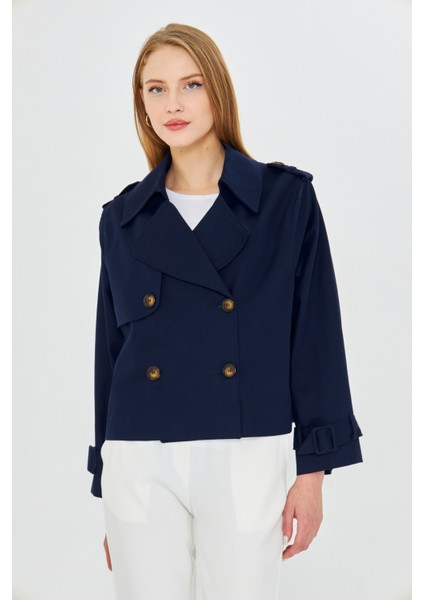 %100 Pamuk Gabardin Astarlı Oversize Geniş Kalıp Kadın Crop Kısa Trençkot 1122