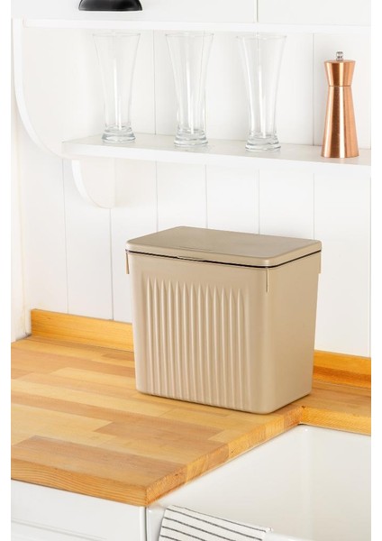 Tidy Bej 8lt Mutfak Tezgah Üstü ve Dolap Askılı Çöp Kovası