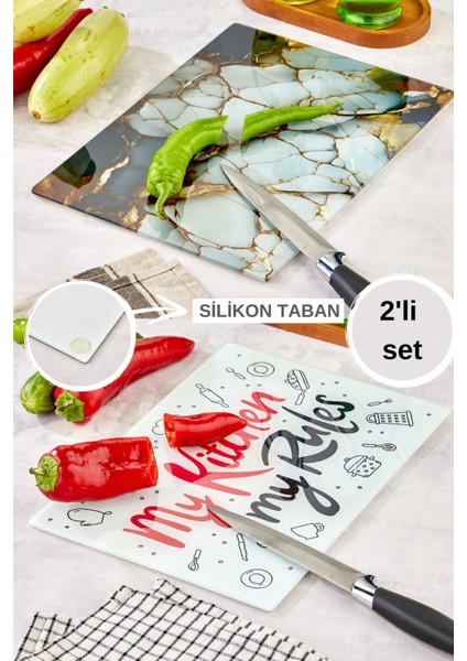 2'li Temperli Cam Kesim Tahtası 25x35 – Çizilmez, Isıya Dayanıklı, Kaymaz, Dayanıklı Cam Set