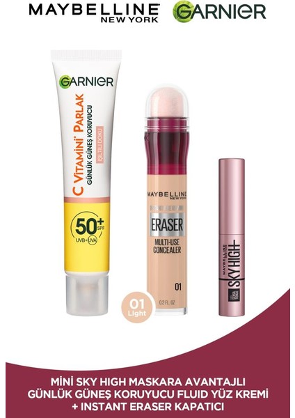 Instant Anti Age Eraser Kapatıcı 01 Light + C Vitamini Parlak Günlük Güneş Koruyucu Fluid Yüz Kremi Işıltılı Doku + Mini Sky High Maskara