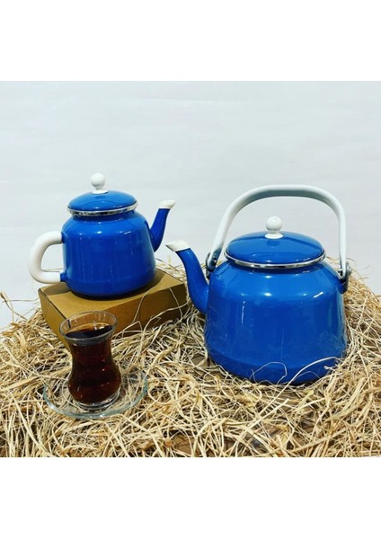 Vintage mavi emaye çaydanlık seti, çift kapaklı, 1,1 L