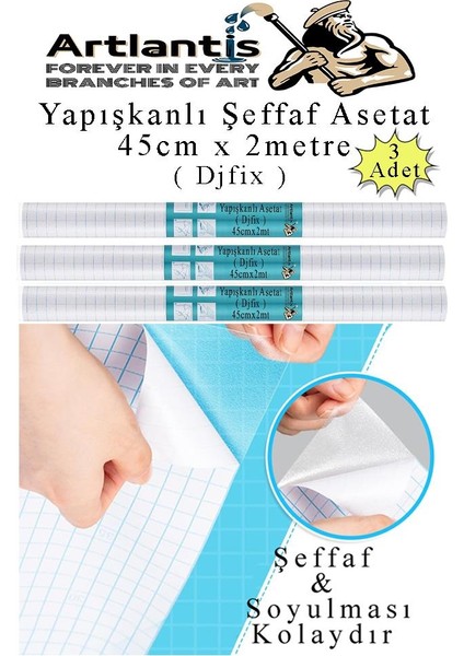 Yapışkanlı Şeffaf Asetat 3 Adet 45CM x 2 Metre Djfix Kendinden Yapışkanlı Şeffaf Rulo Asetat Transparan Soğuk Laminasyon