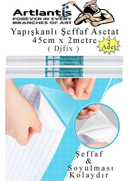 Yapışkanlı Şeffaf Asetat 2 Adet 45CM x 2 Metre Djfix Kendinden Yapışkanlı Şeffaf Rulo Asetat Transparan Soğuk Laminasyon