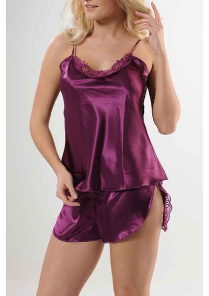 Mor Saten Babydoll Şortlu Takım - 330 modelleri