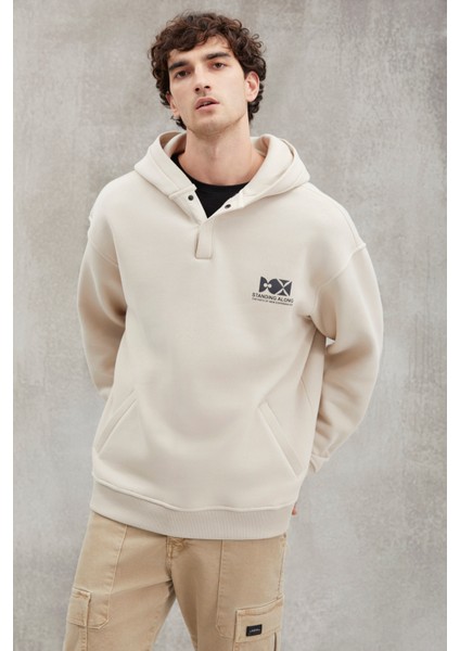 Hannes Erkek Kapüşonlu Çıt Çıt Kapamalı Baskılı Vizon Sweatshirt