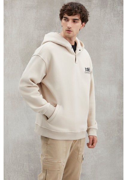 Hannes Erkek Kapüşonlu Çıt Çıt Kapamalı Baskılı Vizon Sweatshirt