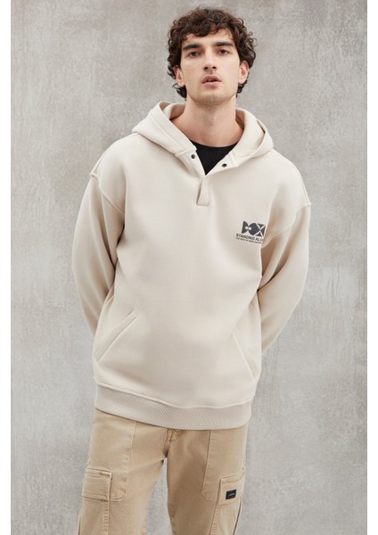 Hannes Erkek Kapüşonlu Çıt Çıt Kapamalı Baskılı Vizon Sweatshirt