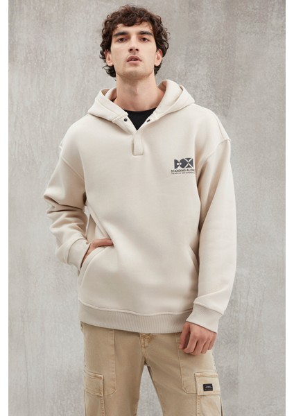 Hannes Erkek Kapüşonlu Çıt Çıt Kapamalı Baskılı Vizon Sweatshirt