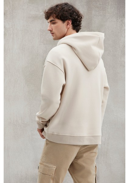 Hannes Erkek Kapüşonlu Çıt Çıt Kapamalı Baskılı Vizon Sweatshirt