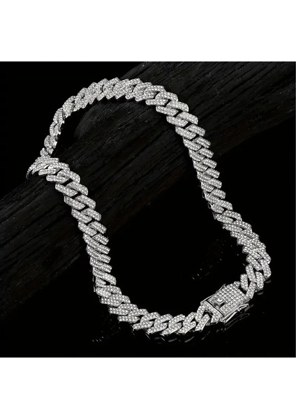 Taşlı Büyük Küba Zincir Kolye Silver