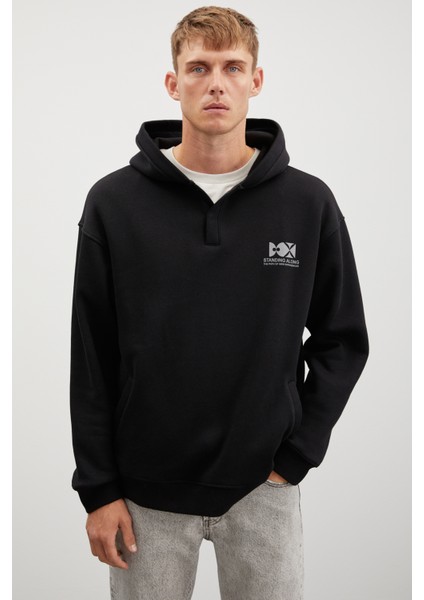 Hannes Erkek Kapüşonlu Çıt Çıt Kapamalı Baskılı Siyah Sweatshirt