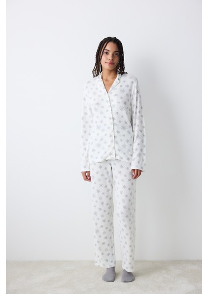 Snowflakes Ekru Gömlek Pantolon Pijama Takımı