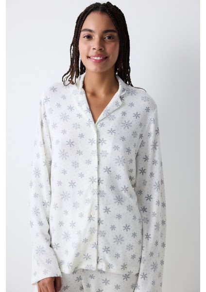 Snowflakes Ekru Gömlek Pantolon Pijama Takımı