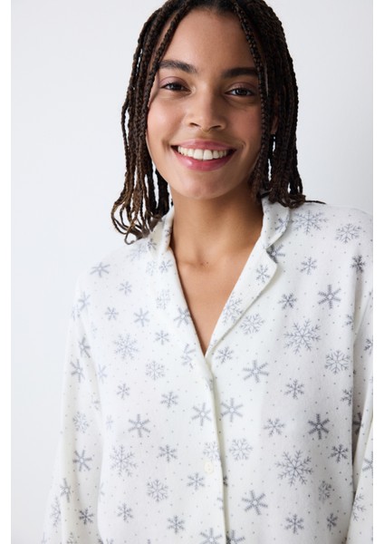 Snowflakes Ekru Gömlek Pantolon Pijama Takımı