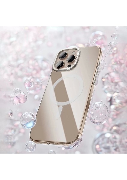 iPhone 16 Pro Kılıf Magsafe Şarj Özellikli Kamera Korumalı Standlı Taşlı Estop Kapak Şeffaf ve Gold