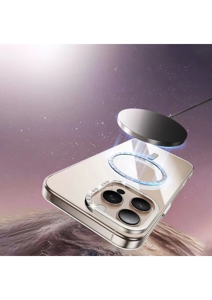 iPhone 16 Pro Kılıf Magsafe Şarj Özellikli Kamera Korumalı Standlı Taşlı Estop Kapak Şeffaf ve Gold