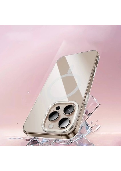 iPhone 16 Pro Kılıf Magsafe Şarj Özellikli Kamera Korumalı Standlı Taşlı Estop Kapak Şeffaf ve Gold