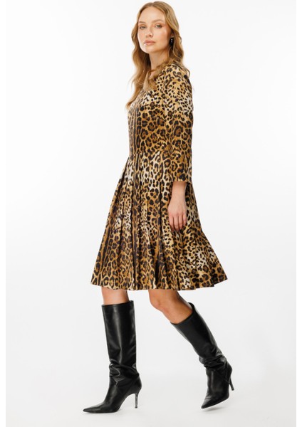 Leopar Desen Saten Elbise Leopar