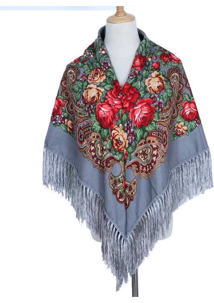 Etnik Tarzı Çiçek Desenli Sonbahar ve Kış Sıcak Türban Şal Eşarp Çift Kullanımlı (Yurt Dışından)