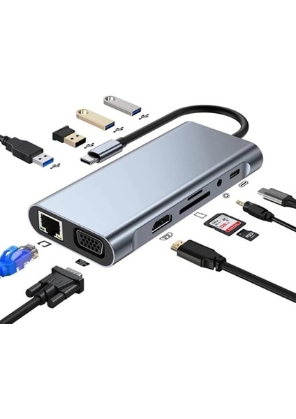 Type C Hub 11 In 1 USB C Docking Station 4K Hdmı,vga,type C PD,USB3.0,RJ45 Ethernet,sd/tf Aux Macbook Pc Uyumlu Adaptör Çoklayıcı Çevirici Dönüştürücü HUB114