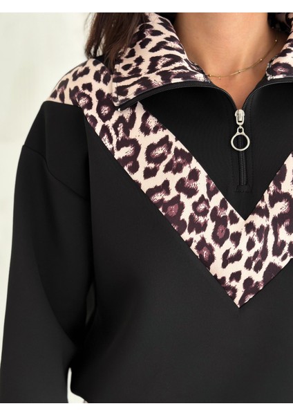 Kadın Scuba Kumaş Leopar Desen Şeritli Önü Yarım Fermuarlı Sweatshirt Bol Paça Eşofman Takım