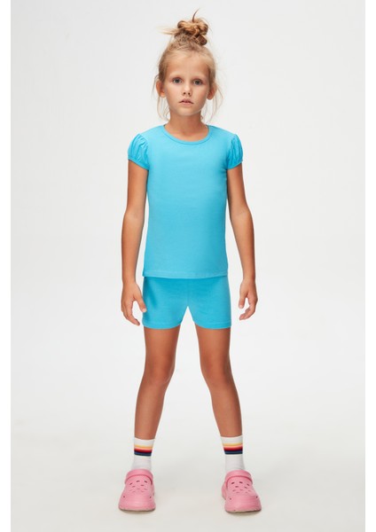 Okyanus Mavi Basic Kız Çocuk Sıfır Yaka Karpuz Kol Tişört