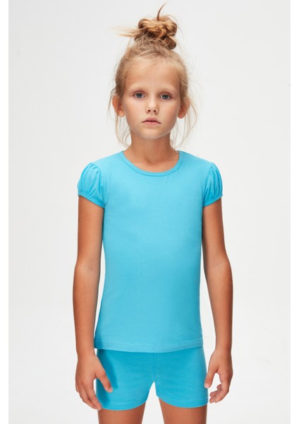 Okyanus Mavi Basic Kız Çocuk Sıfır Yaka Karpuz Kol Tişört fiyatları