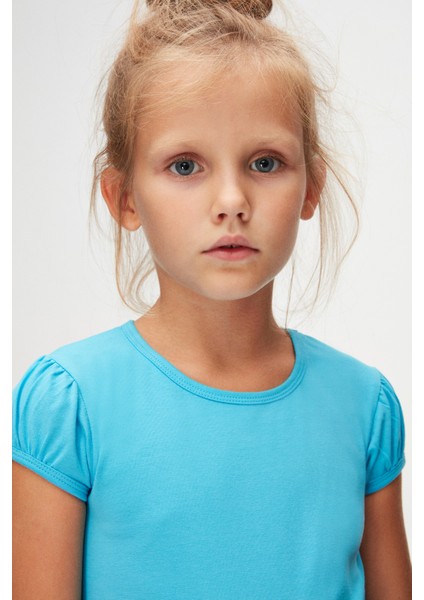 Okyanus Mavi Basic Kız Çocuk Sıfır Yaka Karpuz Kol Tişört modelleri