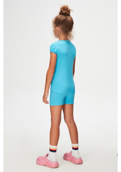 Okyanus Mavi Basic Kız Çocuk Sıfır Yaka Karpuz Kol Tişört fırsatları