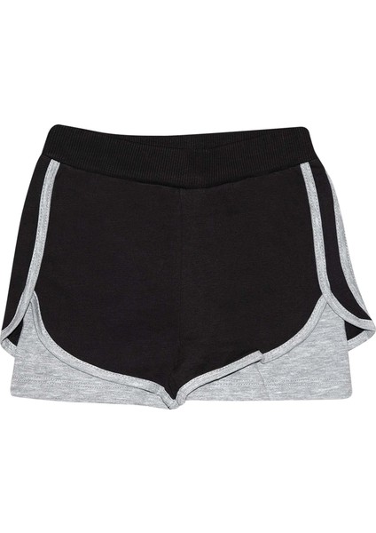SİYAH-GRİ İki İplik Beli Ribanalı Kız Çocuk Şort