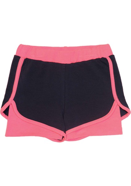 KOYU LACİVERT-FUŞYA İki İplik Beli Ribanalı Kız Çocuk Şort