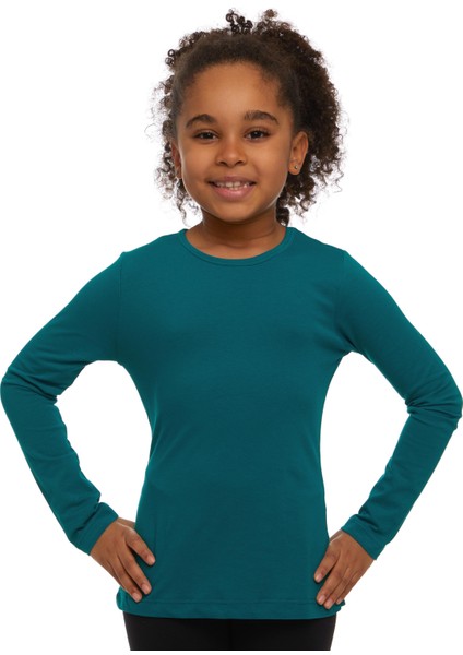 Koyu Petrol Basic Mevsimlik Likralı Uzun Kollu Kız Çocuk Tişört