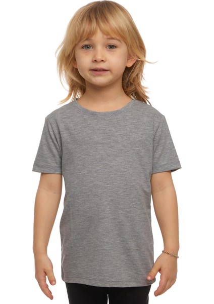 Gri Basic Unisex Çocuk Sıfır Yaka Kısa Kollu Tişört