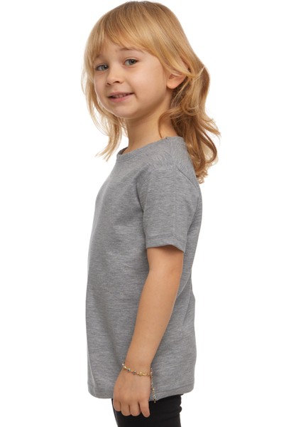 Gri Basic Unisex Çocuk Sıfır Yaka Kısa Kollu Tişört fiyatları